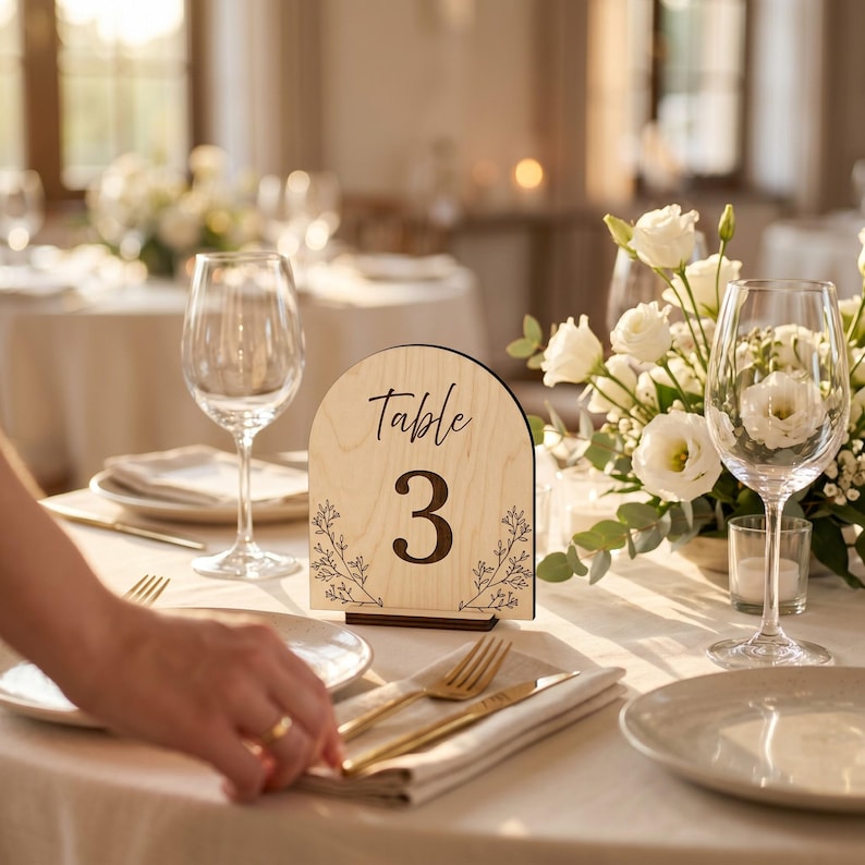 May include: An arched light wood table number sign featuring the text Table 3 in a dark script and print font, decorated with black line art illustrations of delicate leafy branches on both sides, standing upright on a table setting.