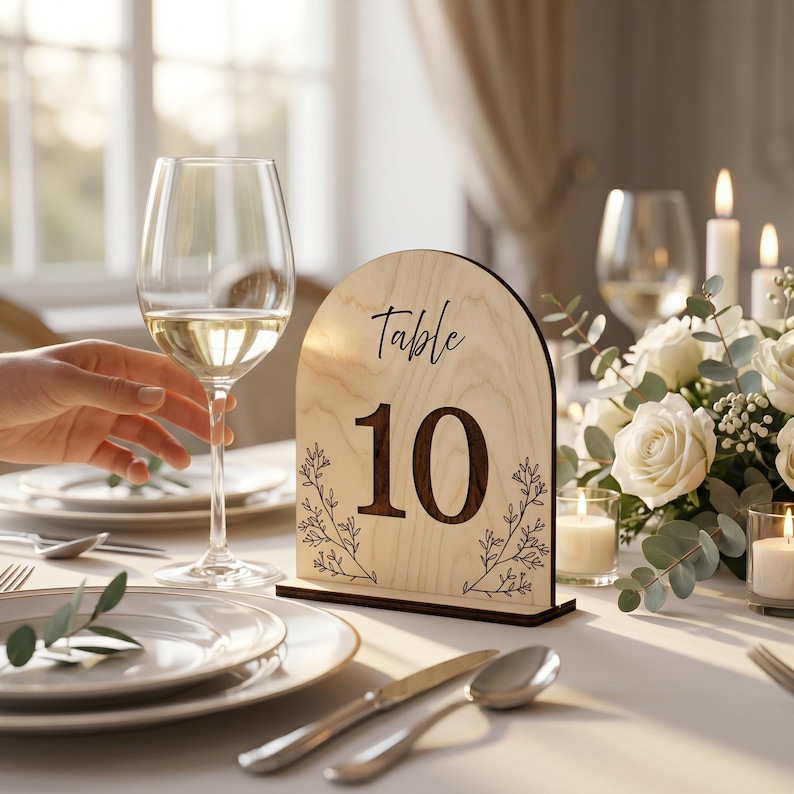 May include: An arched wooden table number sign featuring the text Table 10 in a dark script and block font, accented with delicate black line-drawn floral sprigs on the sides, standing on a rectangular base on a set dining table.
