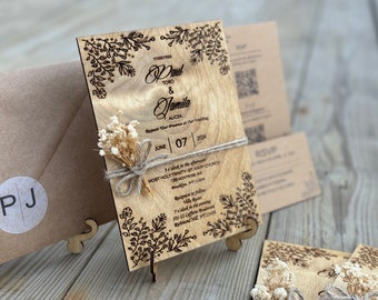 Wedding Invitation | Wooden Invitation Set | Unique Wedding Invitation with real Flower | Destination Wedding | Free Envelopes/RSVP/QR Card