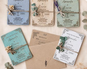 Personalized Rustic Wood Wedding Invitation, Laser Engraved Sage Green Invite (Kraft Envelope)