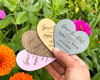 Heart Save The Date Magnet: Engraved Wooden Wedding Invitation