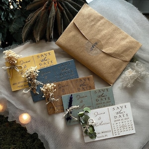 Houten Save The Date-magneet: eucalyptus en baby's Breath, rustieke bruiloft
