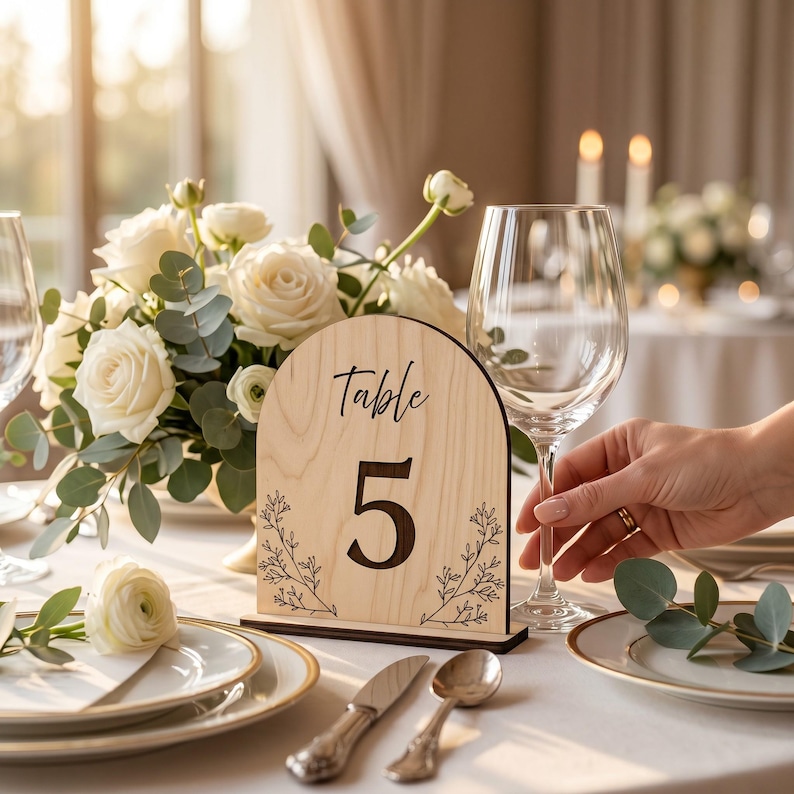 May include: An arched light wood table number sign featuring the text Table 5 in a black script and print font, decorated with black line art of botanical sprigs on both sides, standing on a dark wood base on a white tablecloth.