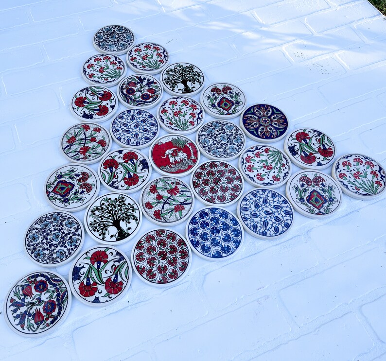 Ceramic Coaster Set, Unique Stone Coaster Set, Turkish Round Ceramic