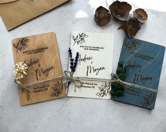 Wooden Wedding Invitation with Eucalyptus or Lavender, Rustic Personalized Laser Engraved Invite, Boho Natural Wedding Card Set