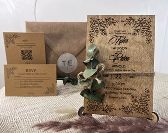 Faire-part de mariage | Ensemble d'invitations de mariage en bois d'eucalyptus | Faire-part de mariage parfumé | Faire-part rustique | Mariage à destination |