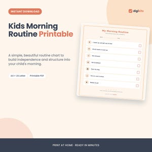 Op de afbeelding: Een printbare ochtendroutinekaart voor kinderen met een checklist met taken zoals opstaan, tandenpoetsen, aankleden, ontbijten, tas inpakken, jas en schoenen aantrekken en klaar om te gaan, met selectievakjes voor elk item op een lichte achtergrond.