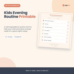Può includere: Una tabella stampabile per la routine serale dei bambini con una lista di controllo per attività come preparare lo zaino, cenare, fare il bagno, mettere il pigiama, lavarsi i denti, leggere un libro e spegnere le luci, su sfondo beige.