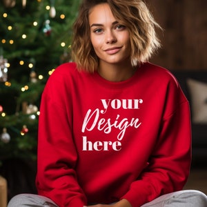 Red Gildan Crewneck Christmas Mockup, Red Gildan 18000 Mockup, Gildan Sweatshirt Mockup, Gildan 18000 Female Model Mockup, Gildan Red 18000