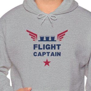 May include: A gray hooded sweatshirt with a red, white, and blue graphic design. The graphic features a pair of wings, three red, white, and blue striped cups, and the text "FLIGHT CAPTAIN" with a red star.
