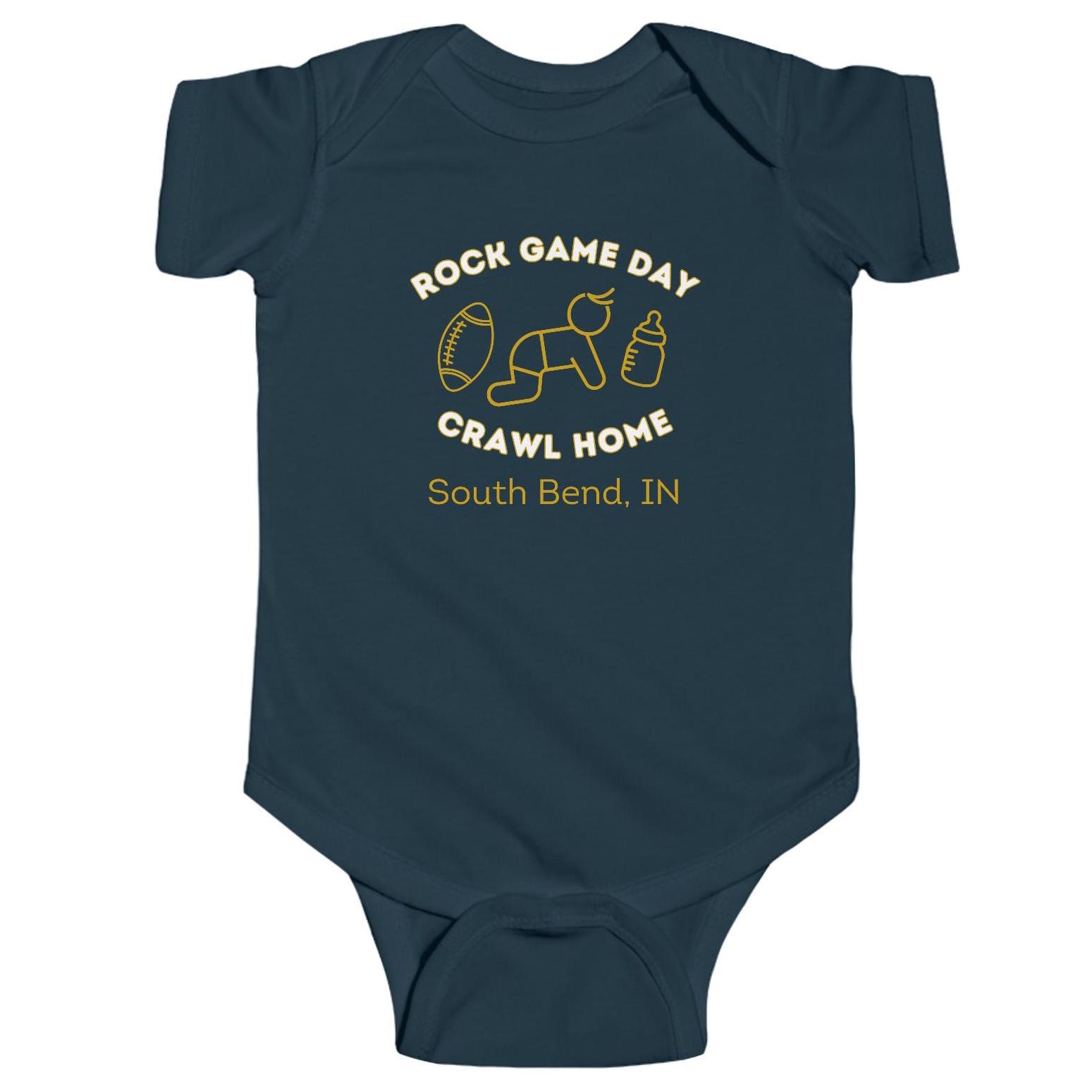 South Bend, IN Rock Game Day Crawl Home - Baby Bodysuit, College Football, College Town Tailgate, Newborn Clothes, Funny Baby