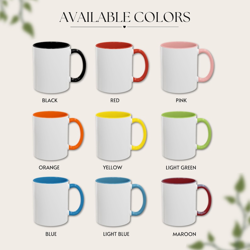 Puede incluir: Se muestran tazas de cer&aacute;mica blancas con interiores y asas de varios colores. Los colores disponibles son negro, rojo, rosa, naranja, amarillo, verde claro, azul, azul claro y granate. El texto "AVAILABLE COLORS" est&aacute; en la parte superior.