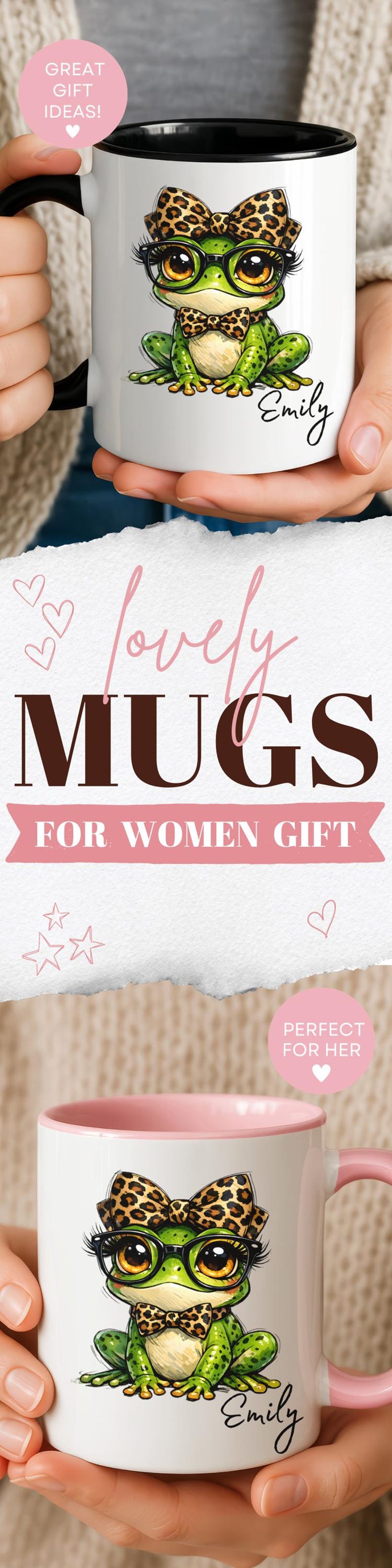 Puede incluir: Taza de cer&aacute;mica blanca con interior negro y asa rosa, con una rana de dibujos animados con gafas y una pajarita con estampado de leopardo. La taza tiene el nombre "Emily" y el texto "Great Gift Ideas!"