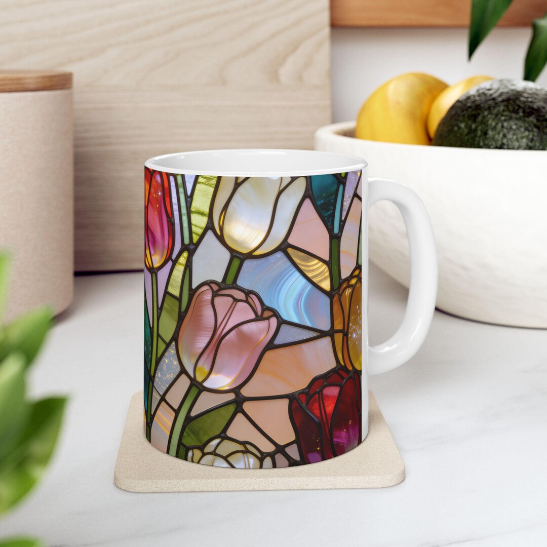 Stained Glass Floral Mug Tulip Botanical Coffee Cup, Wildflower Mug ...