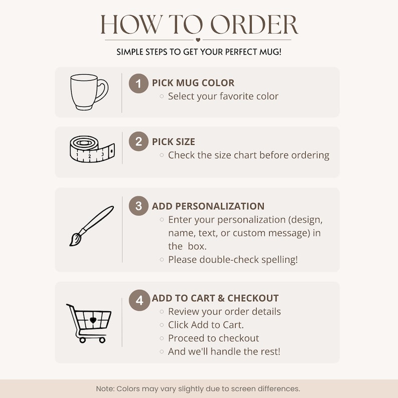 Puede incluir: Una infograf&iacute;a titulada "C&Oacute;MO ORDENAR" con pasos sencillos para obtener una taza. Los pasos incluyen elegir el color y tama&ntilde;o de la taza, agregar personalizaci&oacute;n y agregar al carrito y finalizar la compra. La imagen incluye ilustraciones.
