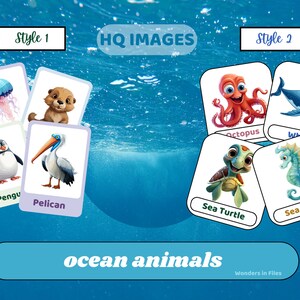 ANIMALES DEL OCÉANO • 22 Tarjetas Montessori • Tarjetas Flash PDF Tarjetas imprimibles Juguetes preescolares Tarjetas didácticas Estilo imágenes de dibujos animados