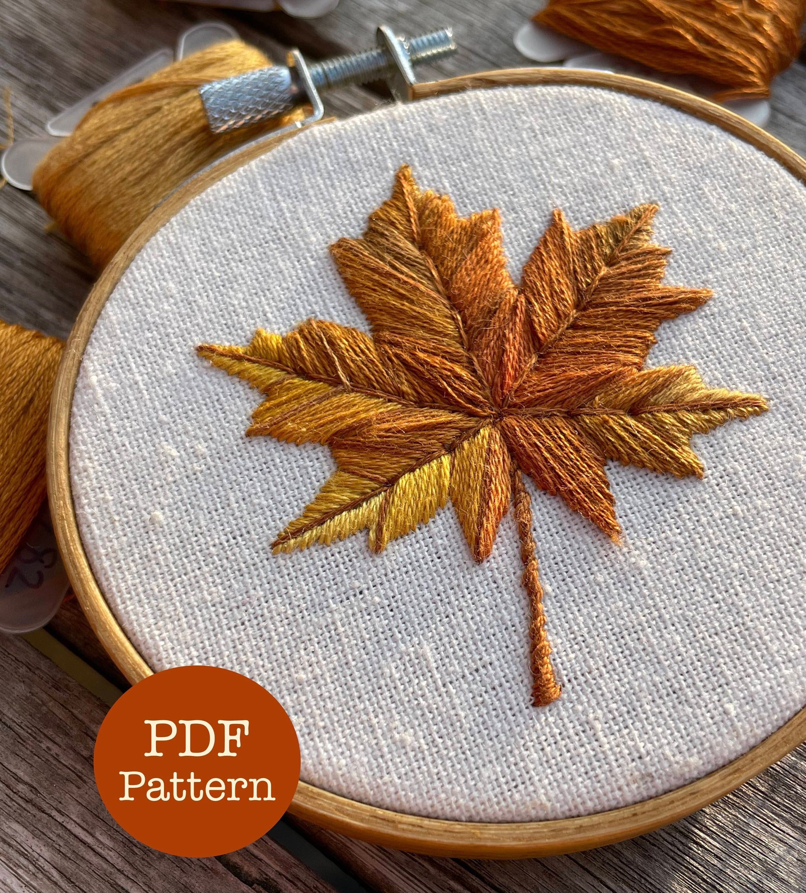 Burnt Orange Maple Leaf Hand Embroidery Pattern: Beginner Friendly