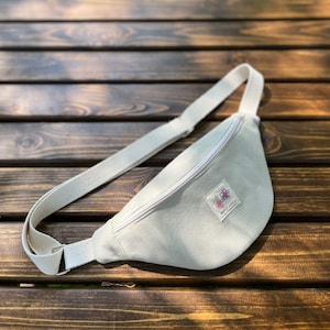 Canvas Fanny Pack, Aqua Green Belt Bag with Flower Tag Detail, Canvas Waist Bag for Women, Adjustable Crossbody Belt Bag, Travel Sling Bag