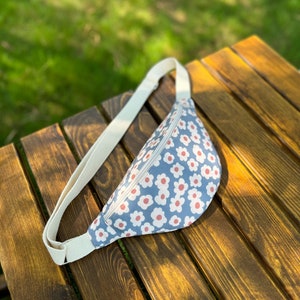 Canvas Fanny Pack, Blue Floral Belt Bag, Sling bag for women, Festival crossbody bag, Hands free bag