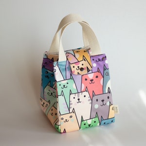 Handmade Cat Faces Lunch Bag: Eco-Friendly Cotton Tote