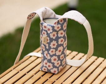 Floral Cotton Water Bottle Bag: Reusable Crossbody Carrier