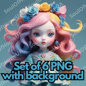 Set 6 cute dolls digital PNG clipart Printable doll art with background Sublimation projects Instant download illustration Commercial use