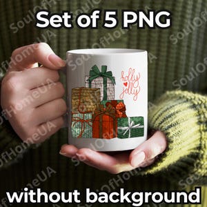 Set von 5 Weihnachtsgeschenk PNG Cliparten ohne Hintergrund Benutzerdefiniertes Sublimationsdesign Grafik Neujahr Aquarelldruck Sofortiger digitaler Download
