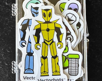 Vectorbots Small Sized Vinyl Sticker Set of 12 Unique Robot Designs with Case