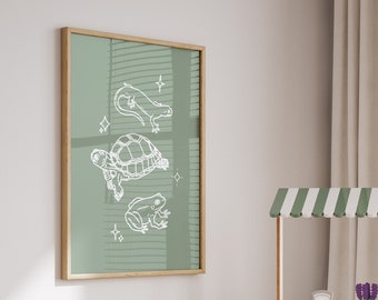 Cute Pond Nursery Art | Turtle Frog Newt | Nature kids room | Woodland Nursery | Cottagecore nursery printable | Minimalist Teal Nursery