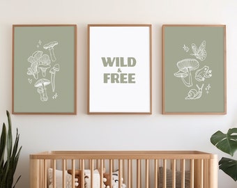 Woodland Mushroom Nursery Art Bundle | Cottagecore Kids Room Decor | Kids Mushroom Art printable | Minimalist nursery | sage nursery decor