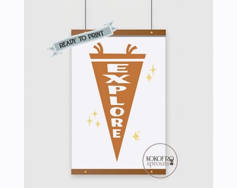 Explore Pennant Flag | Nature Outdoors Kids Room | Nursery pennant | Kids Printable | National Park inspired kids room | Explore Outdoors