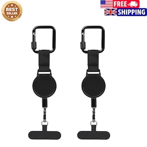 May include: Two black retractable badge reels, each featuring a square carabiner clip attached to a short nylon strap. The circular housing connects to a vertical metal swivel hook, which holds a horizontal black plastic identification card holder.