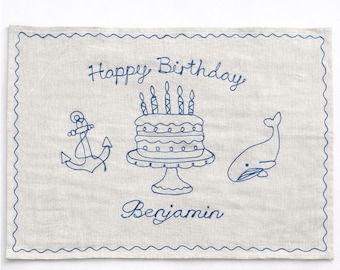 Mantel individual de lino bordado personalizado para cumpleaños