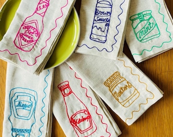 Embroidered Food Condiment Napkins (Set of 6)