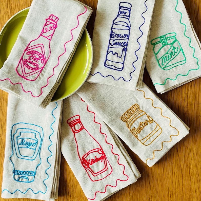 Embroidered Food Condiment Napkins (Set of 6)