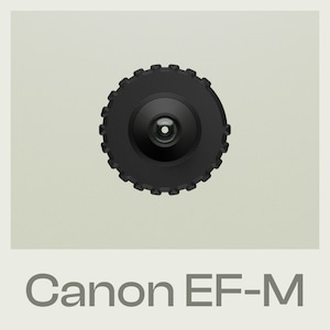 May include: A black Canon EF-M lens with a circular shape and a black lens cap.