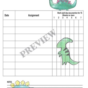 以下が含まれることがあります： 恐竜のイラストが描かれた、印刷可能な練習用チャート。日付、課題、週ごとの練習トラッカーのセクションが含まれています。チャートの上部には「15分以上練習した日をマークしてください」と書かれています。