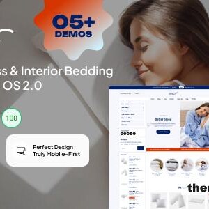 Può includere: Una grafica di marketing digitale per il tema Shopify Breuf OS 2.0, con testo che recita 05+ DEMOS, 100+ Modern Reusable Sections e Shopify OS 2.0. Il layout mostra un'interfaccia del sito web con prodotti per la biancheria da letto e una persona.