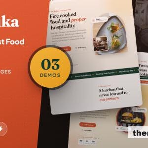 May include: A digital marketing graphic for Babuka Restaurant & Fast Food HTML Template featuring an orange background, a yellow circle with the text 03 DEMOS, and multiple website layout previews displaying food photography and text elements.