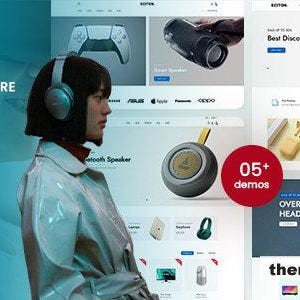 Pode incluir: Uma exibição digital do tema Shopify para loja de eletrônicos Eciton, com uma pessoa usando fones de ouvido prateados, imagens de alto-falantes e controles, um círculo vermelho com o texto 05+ demos e a URL themelock.com.