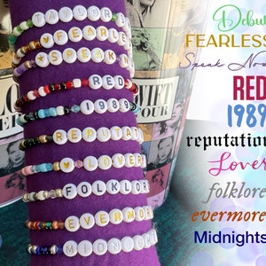 Friendship Bracelet, Album Name Bracelet, Swift Inspired, Eras Tour Inspired Bracelet, Handmade Beaded Stretch Bracelet, Gift for All Ages