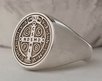 St Benedict Medal Cross Ring, 925 Sterling Silver,Religious Jewelry,St Benedict Ring,Saint Benedict Signet Ring,Cross Exorcism Ring