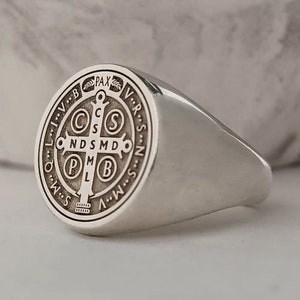 St Benedict Medal Cross Ring, 925 Sterling Silver,Religious Jewelry,St Benedict Ring,Saint Benedict Signet Ring,Cross Exorcism Ring