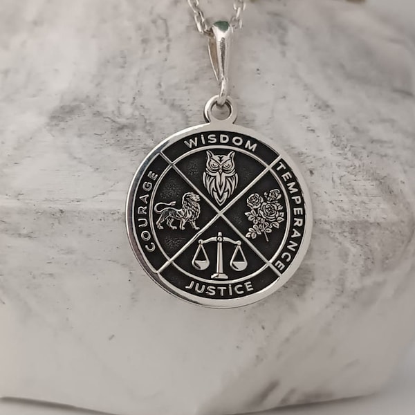 Wisdom, Justice, Temperance, Moderation, Virtues Necklace, Virtues Silver Necklace, Special Design,Stoic Gift, Wisdom Necklace, Temperance