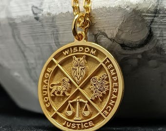 Sterling Silver Virtues Necklace, Wisdom Justice Temperance Moderation, Stoic Gift