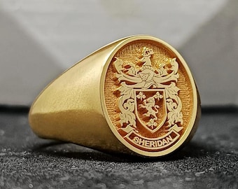 14K Gold Custom Family Crest Signet Ring, Engraved Heraldry