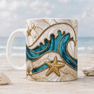 May include: A white ceramic mug featuring a raised, textured design of teal ocean waves, gold starfish, and seashells. The surface has a pearlescent finish with gold-colored outlines separating the nautical elements in a stained-glass style.