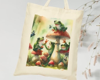 Frog Tote Bag, Mushroom Tote Bag, Cottagecore Bag, Frog Lover Gift, Aesthetic Library Bag, Reusable Bag, Watercolor Tote Bag, Cute Frog Gift