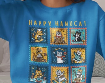 Chanukah Cat Sweatshirt, Funny Hanukkah Shirt, Cute Cat Lover Gift, Jewish Holiday Sweatshirt, Menorah Dreidel Latke Cat Pullover Sweater