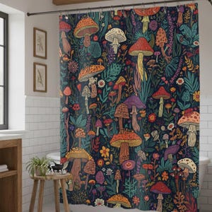 May include: A colorful shower curtain featuring a whimsical mushroom and floral design. The curtain showcases a dark blue background with vibrant orange, red, yellow, and purple mushrooms, along with green foliage and small flowers. The design creates a lively and nature-inspired aesthetic.